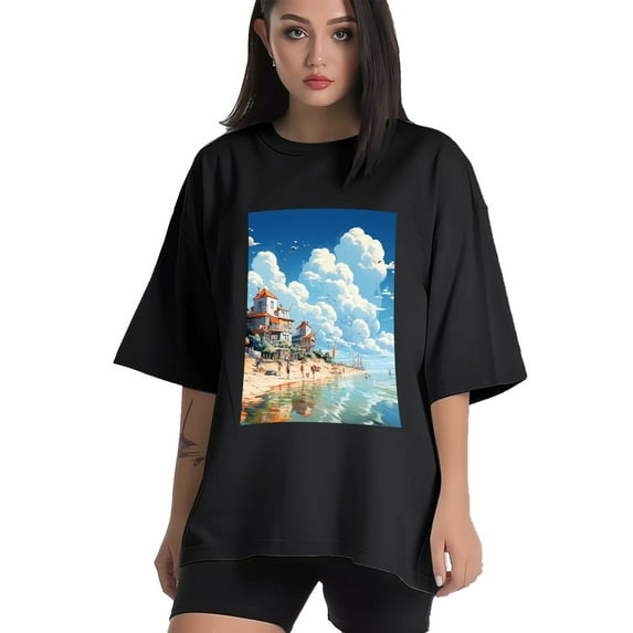 Plus Size Shirt for Women Black Tops for Women Short Sleeves Shirt for Women Seaside (19) T Shirt Crewneck Shirt for Women 4XL