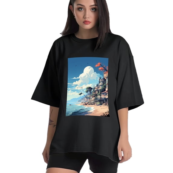 Plus Size Shirt for Women Black Tops for Women Short Sleeves Shirt for Women Seaside (31) T Shirt Oversized Shirt for Women S