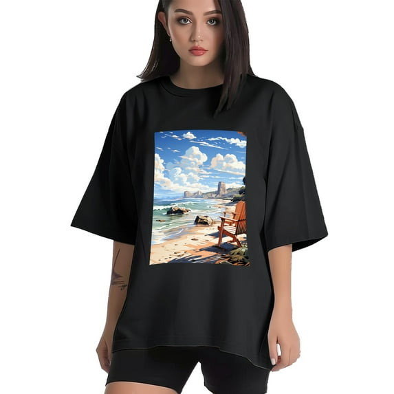 Plus Size Shirt for Women Black Tops for Women Short Sleeves Shirt for Women Seaside (36) T Shirt Crewneck Shirt for Women 5XL