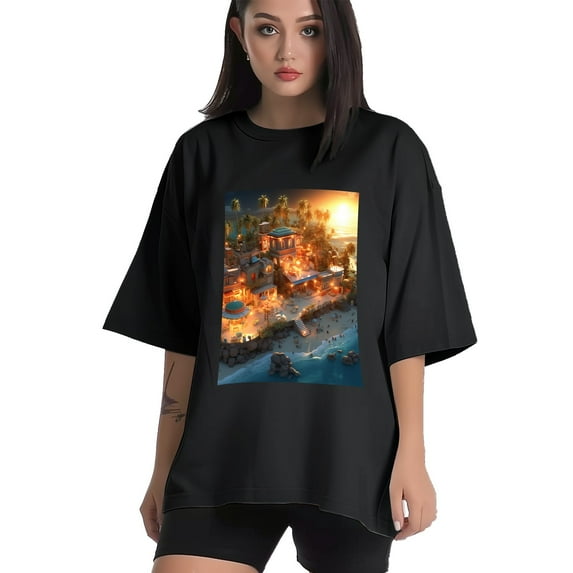 Plus Size Shirt for Women Black Tops for Women Short Sleeves Shirt for Women Seaside (37) T Shirt Oversized Shirt for Women S
