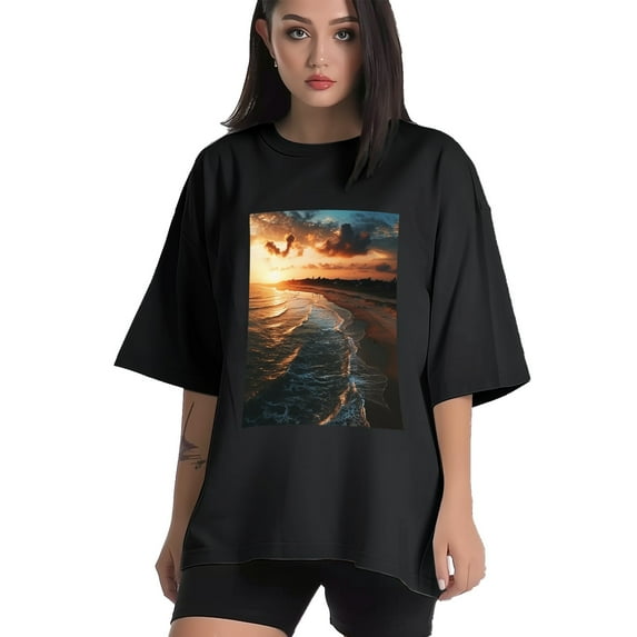 Plus Size Shirt for Women Black Tops for Women Short Sleeves Shirt for Women Seaside (38) T Shirt Oversized Shirt for Women S