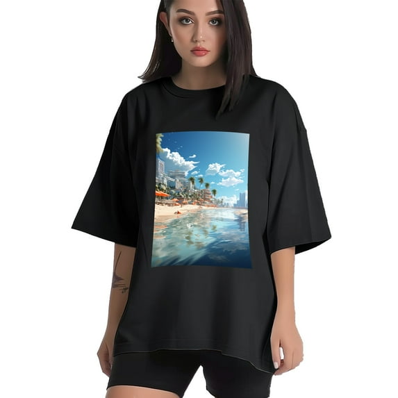 Plus Size Shirt for Women Black Tops for Women Short Sleeves Shirt for Women Seaside (4) T Shirt Crewneck Shirt for Women 5XL