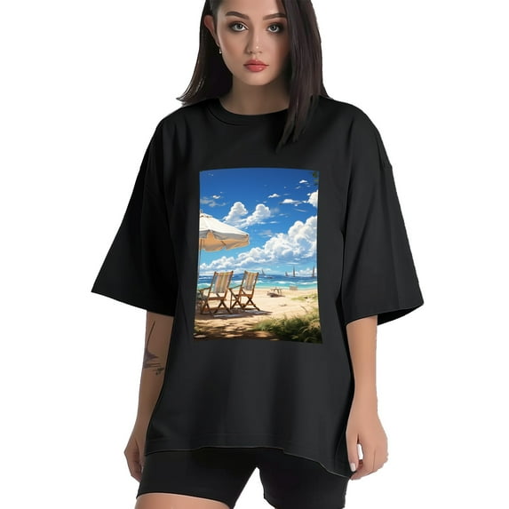 Plus Size Shirt for Women Black Tops for Women Short Sleeves Shirt for Women Seaside (52) T Shirt Crewneck Shirt for Women XL