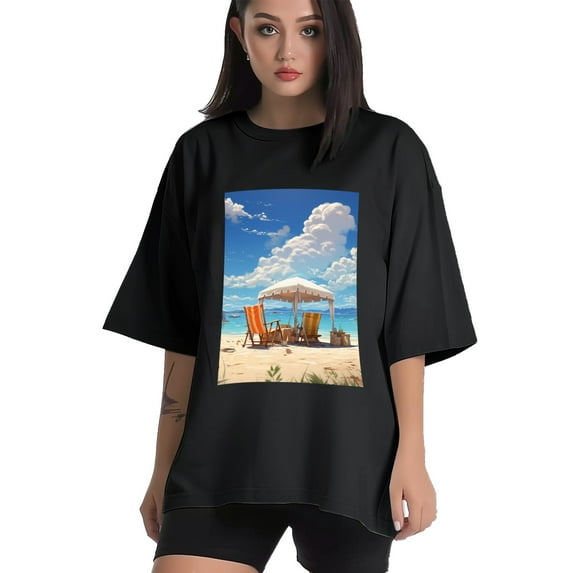 Plus Size Shirt for Women Black Tops for Women Short Sleeves Shirt for Women Seaside (53) T Shirt Crewneck Shirt for Women 2XL