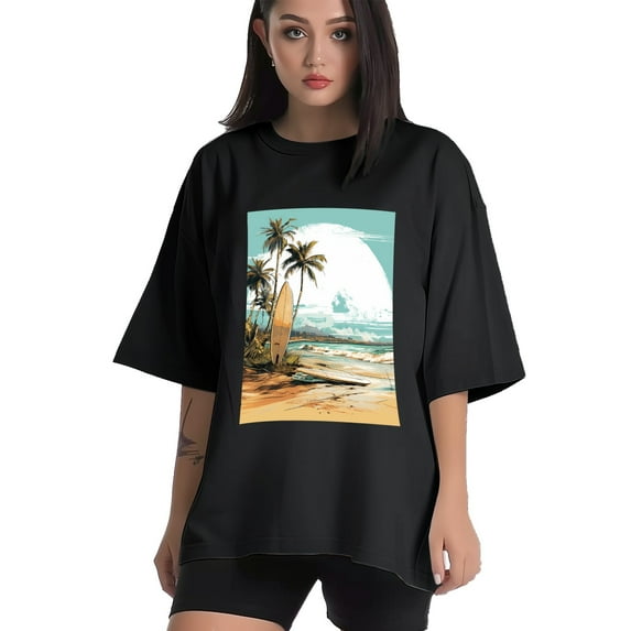 Plus Size Shirt for Women Black Tops for Women Short Sleeves Shirt for Women Seaside (64) T Shirt Crewneck Shirt for Women XL