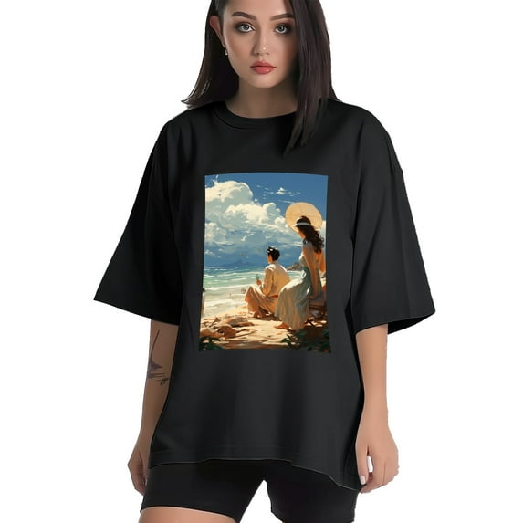 Plus Size Shirt for Women Black Tops for Women Short Sleeves Shirt for Women Seaside (71) T Shirt Crewneck Shirt for Women 5XL