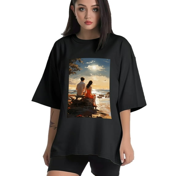 Plus Size Shirt for Women Black Tops for Women Short Sleeves Shirt for Women Seaside (73) T Shirt Crewneck Shirt for Women XL
