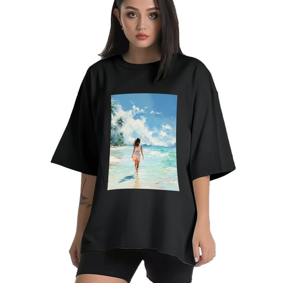 Plus Size Shirt for Women Black Tops for Women Short Sleeves Shirt for Women Seaside (75) T Shirt Crewneck Shirt for Women XL