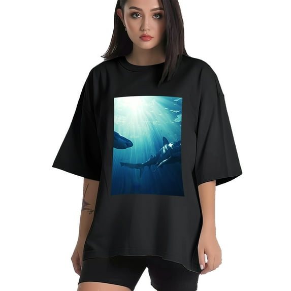 Plus Size Shirt for Women Black Tops for Women Short Sleeves Shirt for Women Sharks T Shirt Crewneck Shirt for Women 3XL
