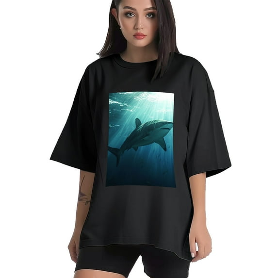 Plus Size Shirt for Women Black Tops for Women Short Sleeves Shirt for Women Sharks T Shirt Crewneck Shirt for Women M