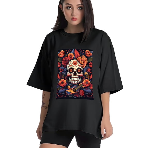Plus Size Shirt for Women Black Tops for Women Short Sleeves Shirt for Women Skull (17) T Shirt Crewneck Shirt for Women 4XL