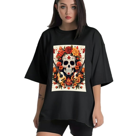 Plus Size Shirt for Women Black Tops for Women Short Sleeves Shirt for Women Skull (28) T Shirt Crewneck Shirt for Women 4XL