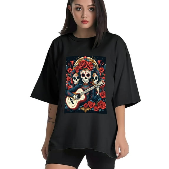 Plus Size Shirt for Women Black Tops for Women Short Sleeves Shirt for Women Skull (5) T Shirt Crewneck Shirt for Women 5XL