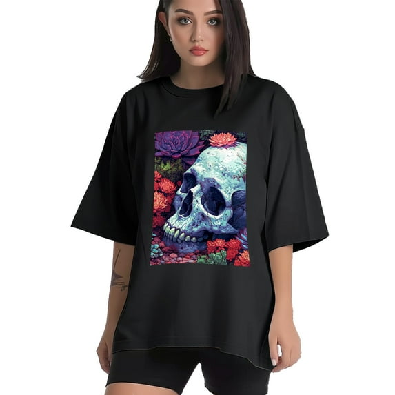 Plus Size Shirt for Women Black Tops for Women Short Sleeves Shirt for Women Skull T Shirt Crewneck Shirt for Women 5XL