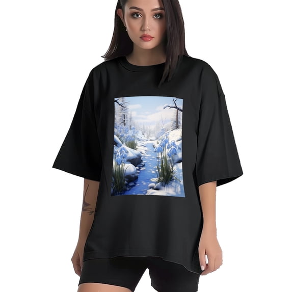 Plus Size Shirt for Women Black Tops for Women Short Sleeves Shirt for Women Snow Environment T Shirt Crewneck Shirt for Women XL