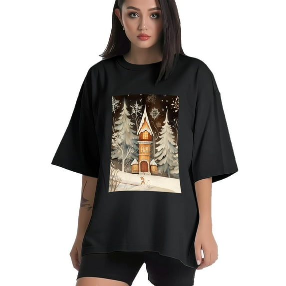 Plus Size Shirt for Women Black Tops for Women Short Sleeves Shirt for Women Snow Scene 1 T Shirt Crewneck Shirt for Women XS
