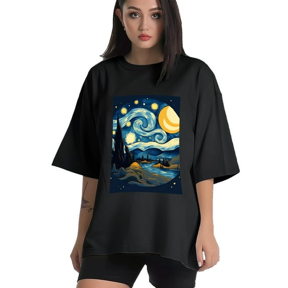 Plus Size Shirt for Women Black Tops for Women Short Sleeves Shirt for Women Starry Sky T Shirt Crewneck Shirt for Women 5XL