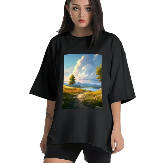 Plus Size Shirt for Women Black Tops for Women Short Sleeves Shirt for Women Summer Landscape 2 T Shirt Crewneck Shirt for Women 4XL