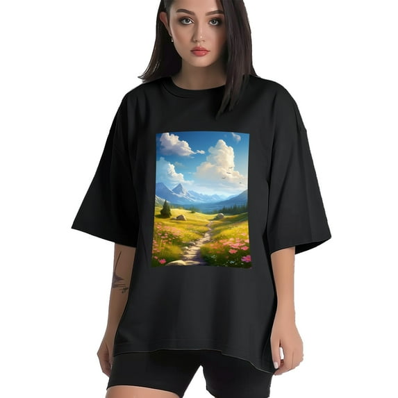 Plus Size Shirt for Women Black Tops for Women Short Sleeves Shirt for Women Summer Landscape 3 T Shirt Crewneck Shirt for Women 2XL