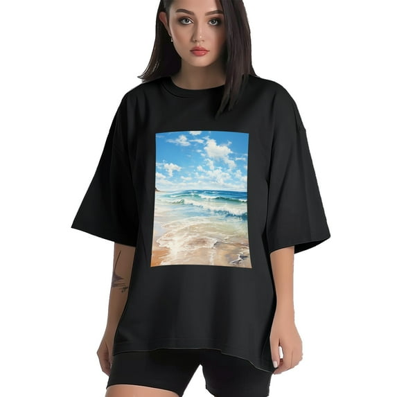 Plus Size Shirt for Women Black Tops for Women Short Sleeves Shirt for Women Sunny Beach1 T Shirt Crewneck Shirt for Women XL