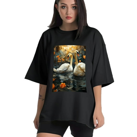 Plus Size Shirt for Women Black Tops for Women Short Sleeves Shirt for Women Swans T Shirt Crewneck Shirt for Women XL