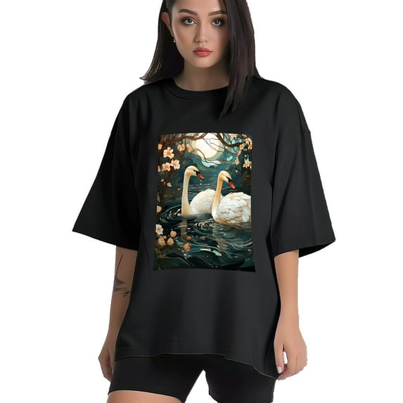 Plus Size Shirt for Women Black Tops for Women Short Sleeves Shirt for Women Swans T Shirt Oversized Shirt for Women S