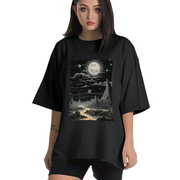 Plus Size Shirt for Women Black Tops for Women Short Sleeves Shirt for Women The Valley At Night T Shirt Crewneck Shirt for Women XS