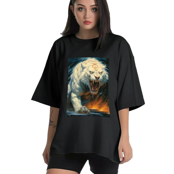 Plus Size Shirt for Women Black Tops for Women Short Sleeves Shirt for Women Tiger 10 T Shirt Crewneck Shirt for Women 2XL