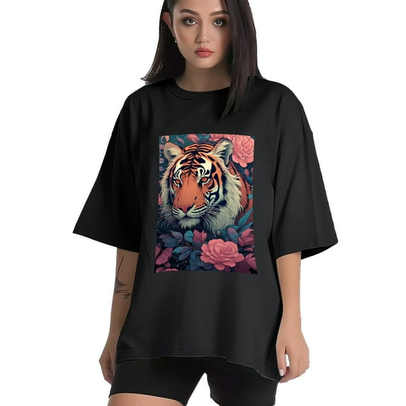 Plus Size Shirt for Women Black Tops for Women Short Sleeves Shirt for Women Tiger 3 T Shirt Crewneck Shirt for Women XL