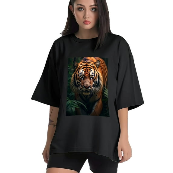 Plus Size Shirt for Women Black Tops for Women Short Sleeves Shirt for Women Tiger T Shirt Crewneck Shirt for Women XL