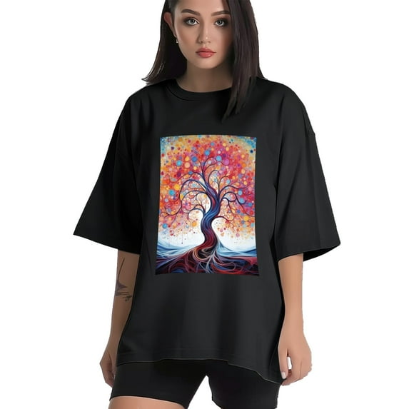 Plus Size Shirt for Women Black Tops for Women Short Sleeves Shirt for Women Trees 13 T Shirt Crewneck Shirt for Women 4XL