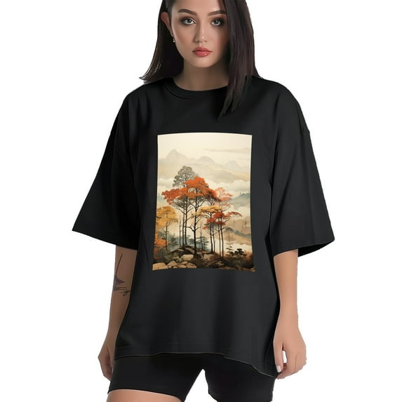Plus Size Shirt for Women Black Tops for Women Short Sleeves Shirt for Women Trees In An Autumn T Shirt Crewneck Shirt for Women 2XL