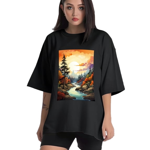 Plus Size Shirt for Women Black Tops for Women Short Sleeves Shirt for Women Trees T Shirt Crewneck Shirt for Women XL