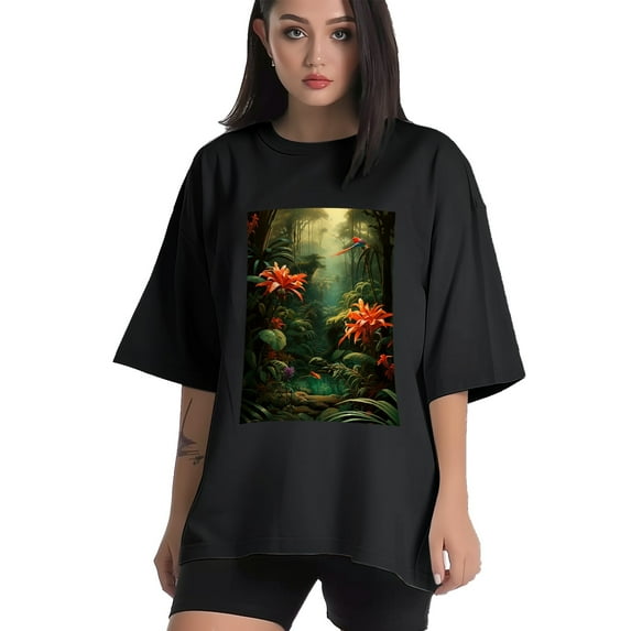Plus Size Shirt for Women Black Tops for Women Short Sleeves Shirt for Women Tropical Plants T Shirt Crewneck Shirt for Women XL