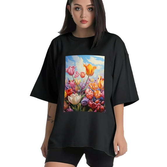 Plus Size Shirt for Women Black Tops for Women Short Sleeves Shirt for Women Tulip Flowers2 T Shirt Oversized Shirt for Women S