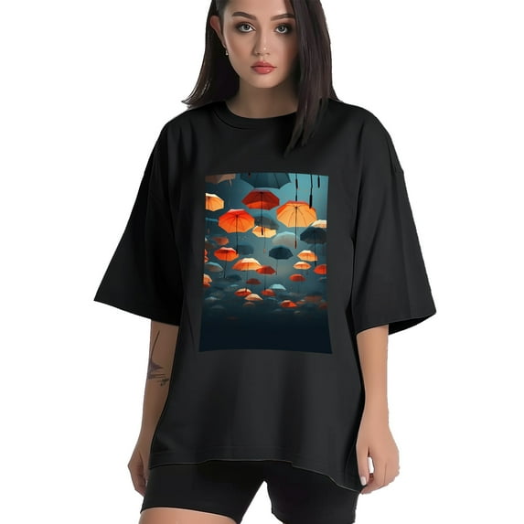 Plus Size Shirt for Women Black Tops for Women Short Sleeves Shirt for Women Umbrellas 1 T Shirt Crewneck Shirt for Women 2XL