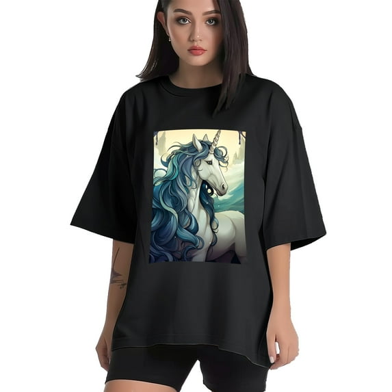 Plus Size Shirt for Women Black Tops for Women Short Sleeves Shirt for Women Unicorn T Shirt Crewneck Shirt for Women XL