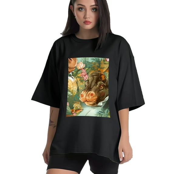 Plus Size Shirt for Women Black Tops for Women Short Sleeves Shirt for Women Victorian Hippo2 T Shirt Crewneck Shirt for Women 4XL