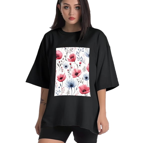Plus Size Shirt for Women Black Tops for Women Short Sleeves Shirt for Women Vintage Flower T Shirt Crewneck Shirt for Women XL