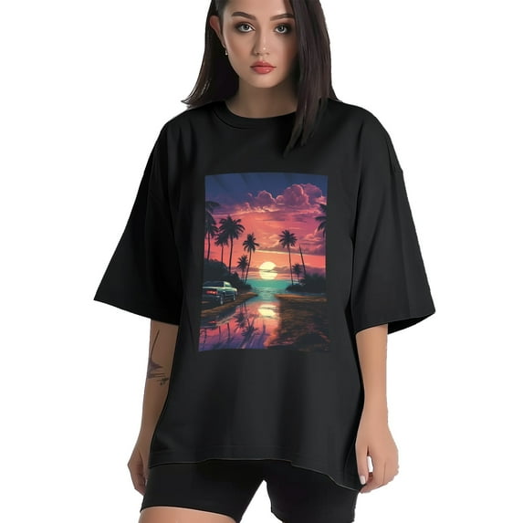 Plus Size Shirt for Women Black Tops for Women Short Sleeves Shirt for Women Vintage Landscape T Shirt Crewneck Shirt for Women XL