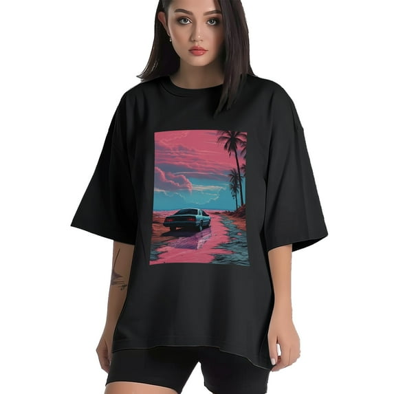 Plus Size Shirt for Women Black Tops for Women Short Sleeves Shirt for Women Vintage Landscape T Shirt Crewneck Shirt for Women XL