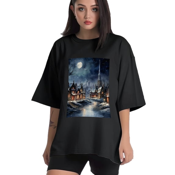Plus Size Shirt for Women Black Tops for Women Short Sleeves Shirt for Women Vintage Village At Night T Shirt Crewneck Shirt for Women XL