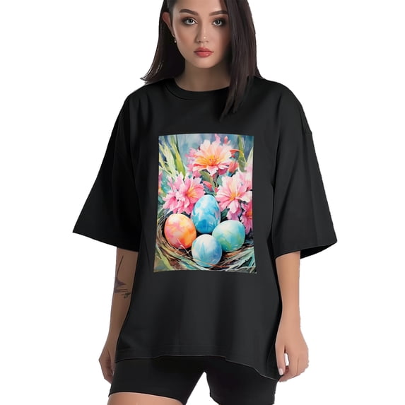 Plus Size Shirt for Women Black Tops for Women Short Sleeves Shirt for Women Watercolor Eggs T Shirt Crewneck Shirt for Women 5XL