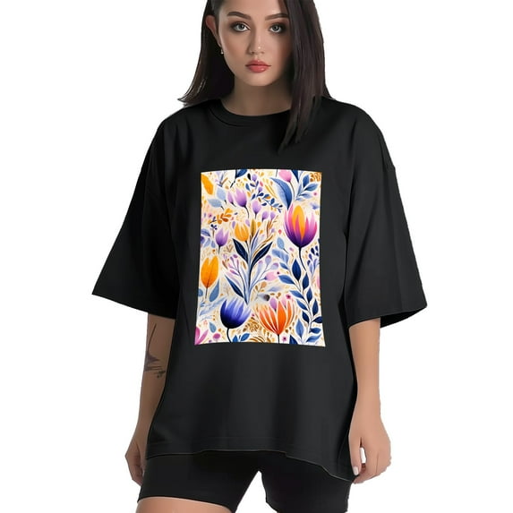 Plus Size Shirt for Women Black Tops for Women Short Sleeves Shirt for Women Watercolor Flower T Shirt Crewneck Shirt for Women XL
