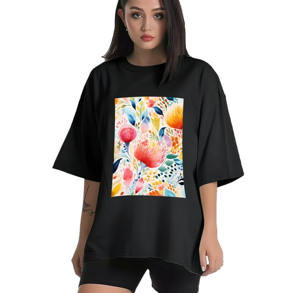 Plus Size Shirt for Women Black Tops for Women Short Sleeves Shirt for Women Watercolor Flower T Shirt Crewneck Shirt for Women XL
