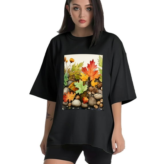 Plus Size Shirt for Women Black Tops for Women Short Sleeves Shirt for Women Watercolor Leaves Stones 2 T Shirt Crewneck Shirt for Women 2XL