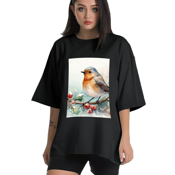 Plus Size Shirt for Women Black Tops for Women Short Sleeves Shirt for Women Watercolor Red-Browed Bird 12 T Shirt Crewneck Shirt for Women 5XL