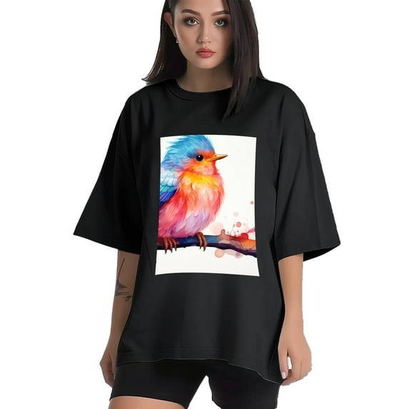 Plus Size Shirt for Women Black Tops for Women Short Sleeves Shirt for Women Watercolor Red-Browed Bird 7 T Shirt Crewneck Shirt for Women 4XL
