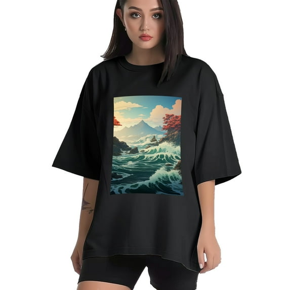 Plus Size Shirt for Women Black Tops for Women Short Sleeves Shirt for Women Wave 1 T Shirt Crewneck Shirt for Women 4XL