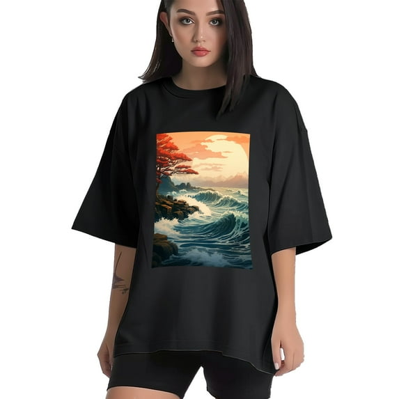 Plus Size Shirt for Women Black Tops for Women Short Sleeves Shirt for Women Wave 2 T Shirt Crewneck Shirt for Women 2XL